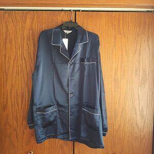 NEW ! Lonxu Men Silk Satin Pajame Long Sleeve W Button Pocket Navy Blue Sz 2XL